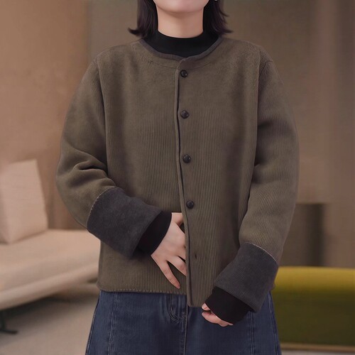 上衣时尚休闲卷边慵懒风圆领针织开衫女秋冬季通勤遮肉宽松1012d