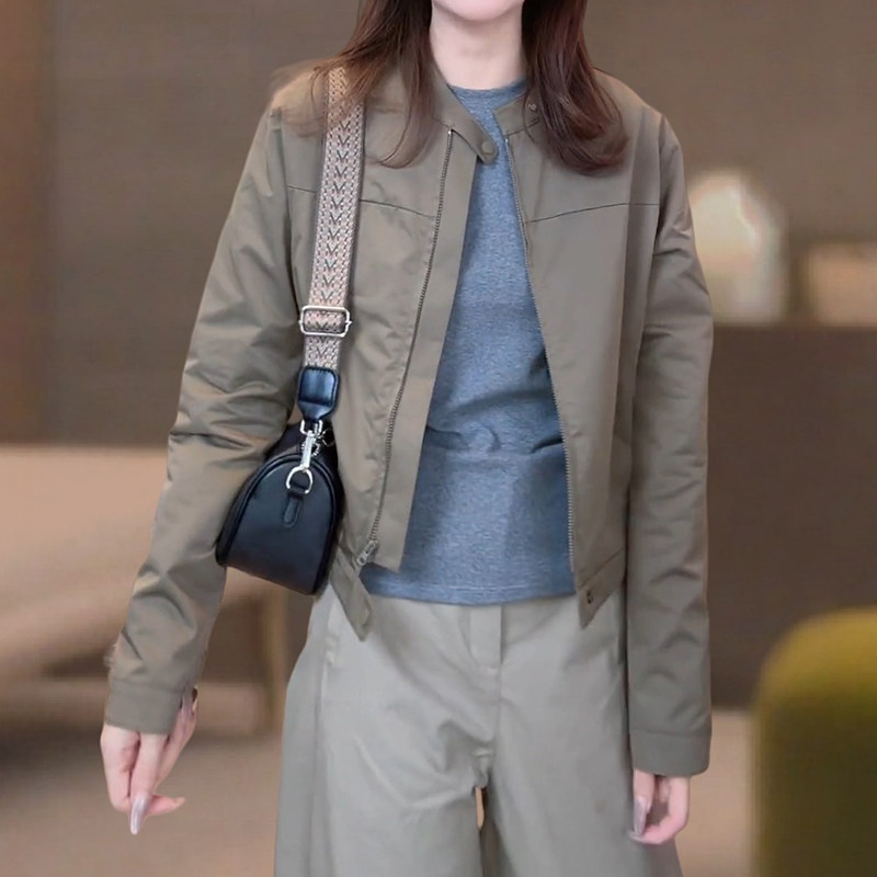 胖mm休闲遮肉时尚百搭夹克外套女小个子简约洋气立领短款长袖上衣