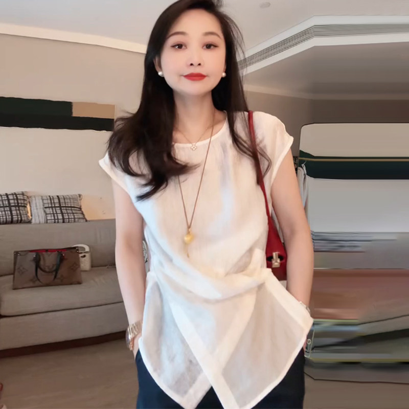 韩版轻薄设计感收腰遮肉显瘦衬衫女夏季纯色慵懒感圆领小衫上衣潮