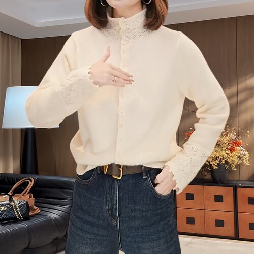 上衣小众镂空钩花高领针织开衫女秋冬感宽松显瘦保暖单排扣1012d