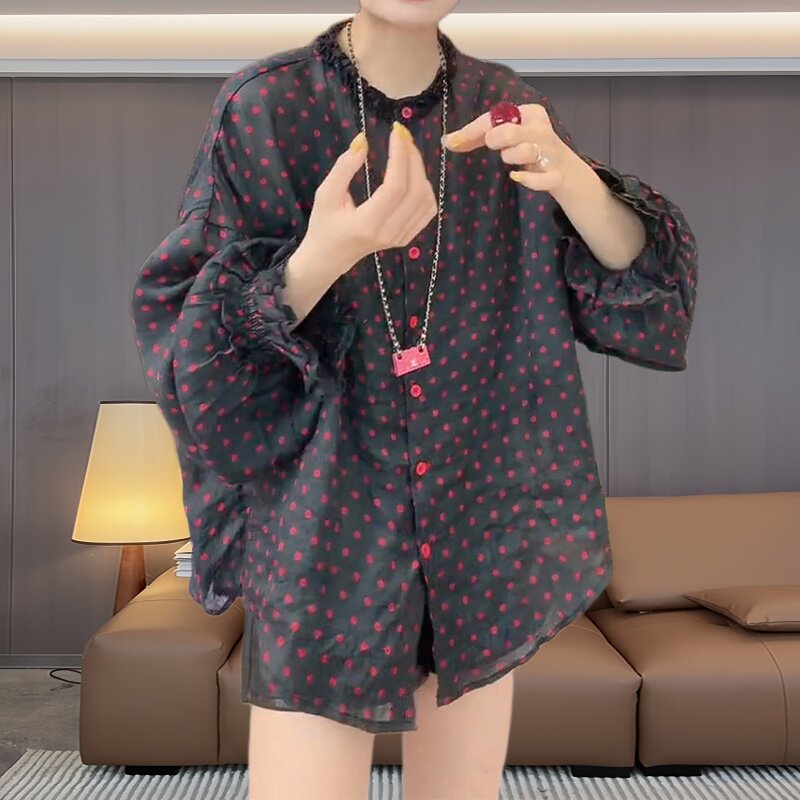 大码港风复古波点印花衬衫女春夏轻薄宽松百搭长袖时尚通勤上衣潮