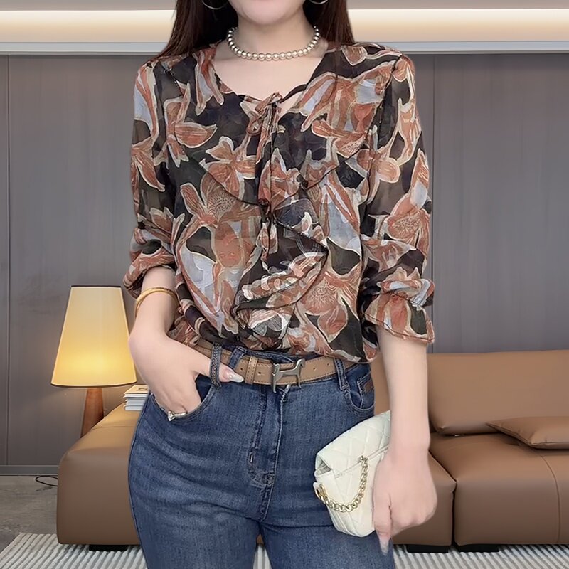 法式复古碎花雪纺V领长袖衬衫女春秋季洋气减龄宽松遮肉显瘦上衣
