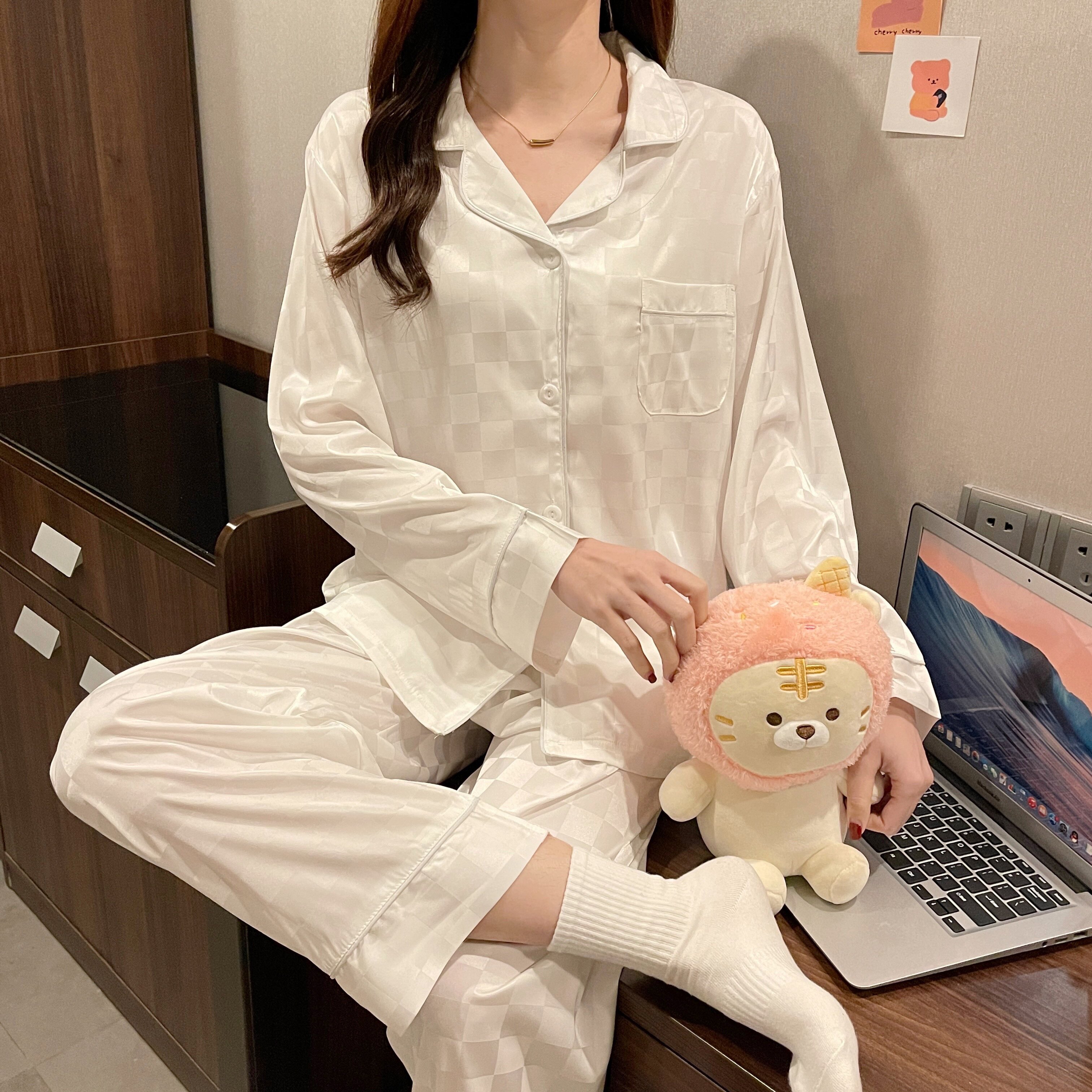 芬腾冰丝睡衣女士春秋夏季薄款长袖两件套装秋冬丝绸性感家居服可