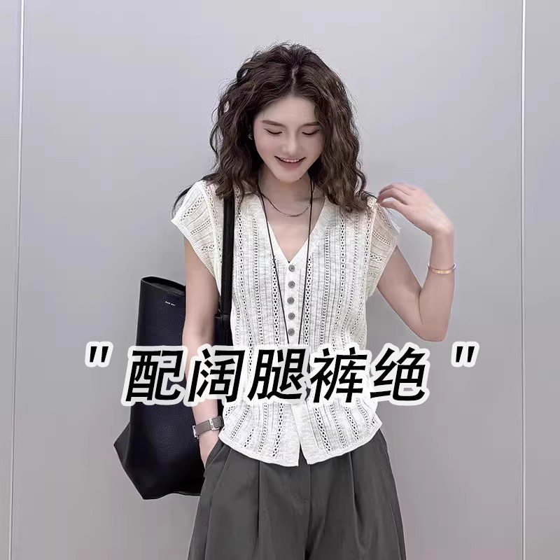天丝亚麻V领针织背心女夏外穿时尚休闲 显瘦1/4吋套筒扳手袖开 衫