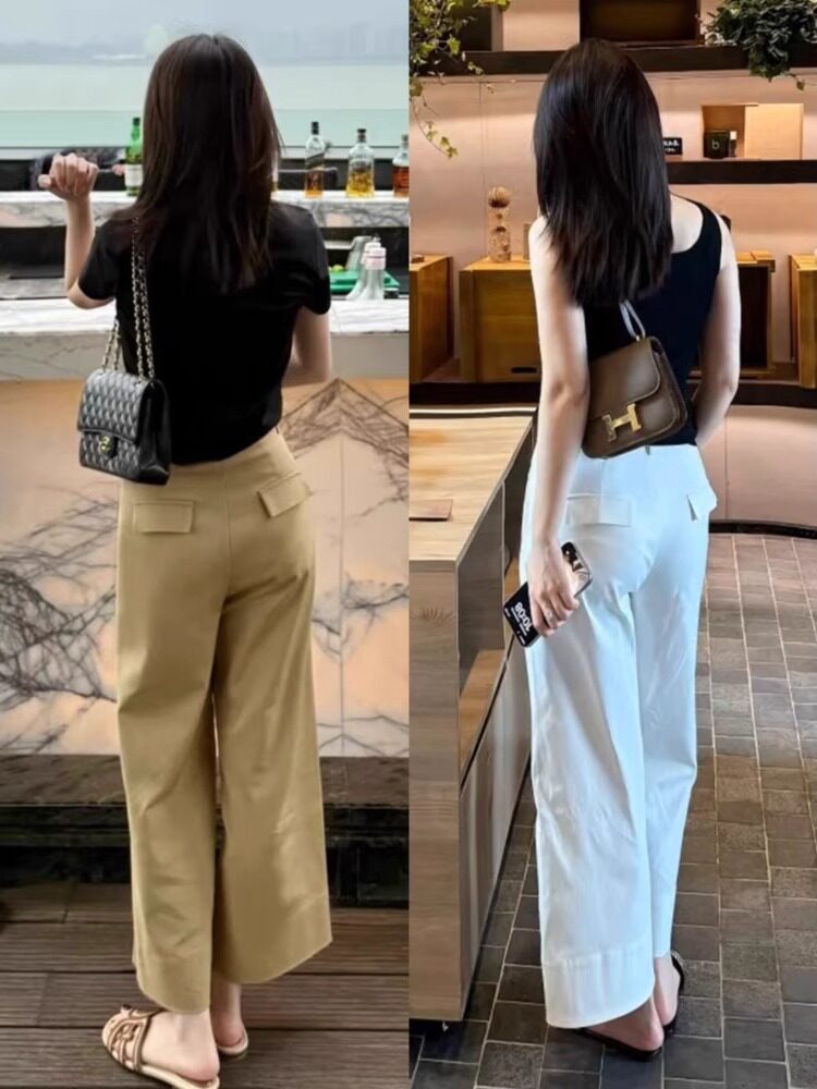 卡其色直筒西装裤女春秋新款白色阔腿裤小个子高腰遮胯显瘦九分裤