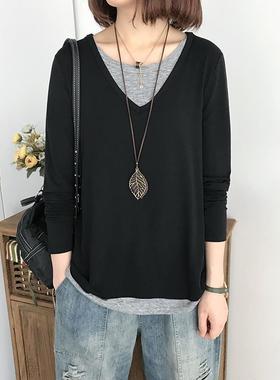 欧货假两件长袖T恤女春季显瘦棉质打底衫时尚宽松百搭黑色v0110r1