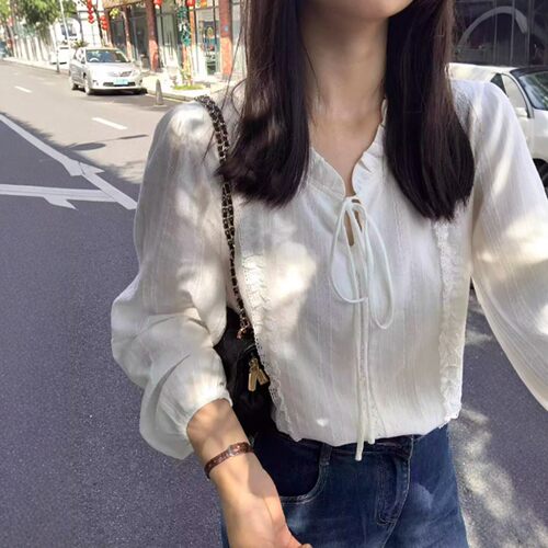夏季法式温柔风白色系带长袖T恤衬衫女季减龄衬衣通勤职业0407z2