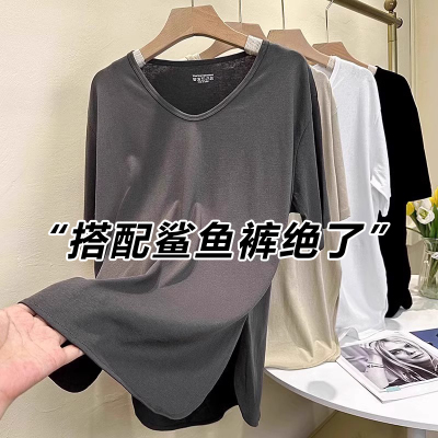 中长款v领灰色短袖T恤女夏季开叉下装消失遮屁股鲨鱼裤搭配的上衣