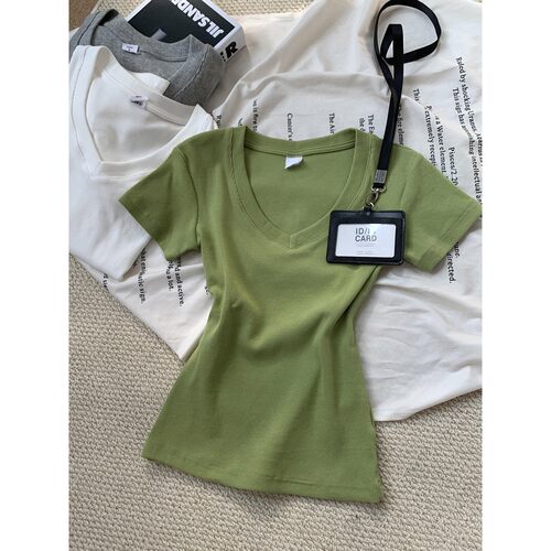 夏季修身绿色短袖T恤女独漂亮巨好看基础款欲风上衣0411z2