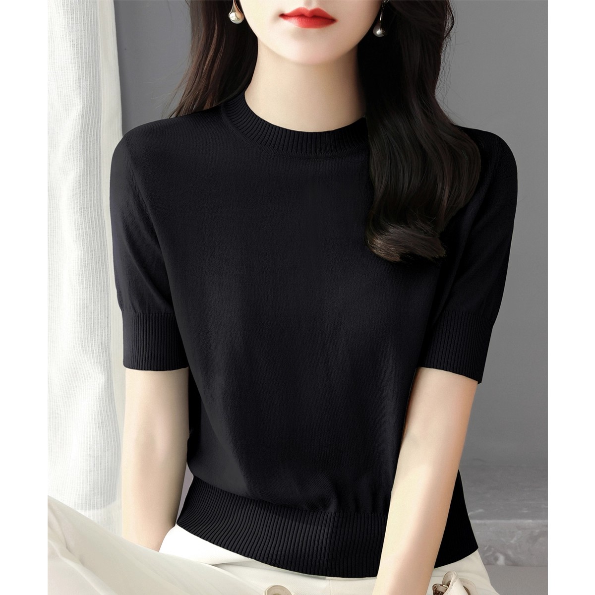 半高领冰丝针织衫短袖t恤女2025新款夏季显瘦打底衫早秋中袖上衣