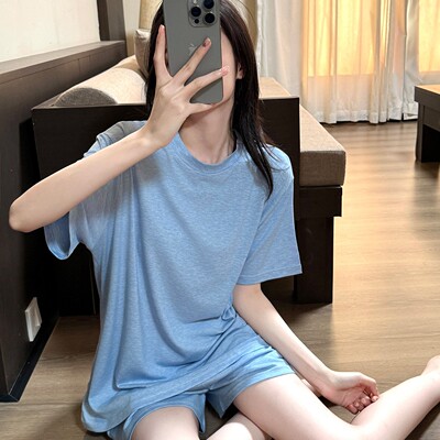 夏季蓝色莫代尔短袖睡衣女款短裤圆领宽松薄款简约家居0430z