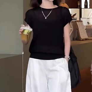 黑色镂空冰丝针织短袖 减龄洋气小个子露背上衣 T恤女2025新款 夏季