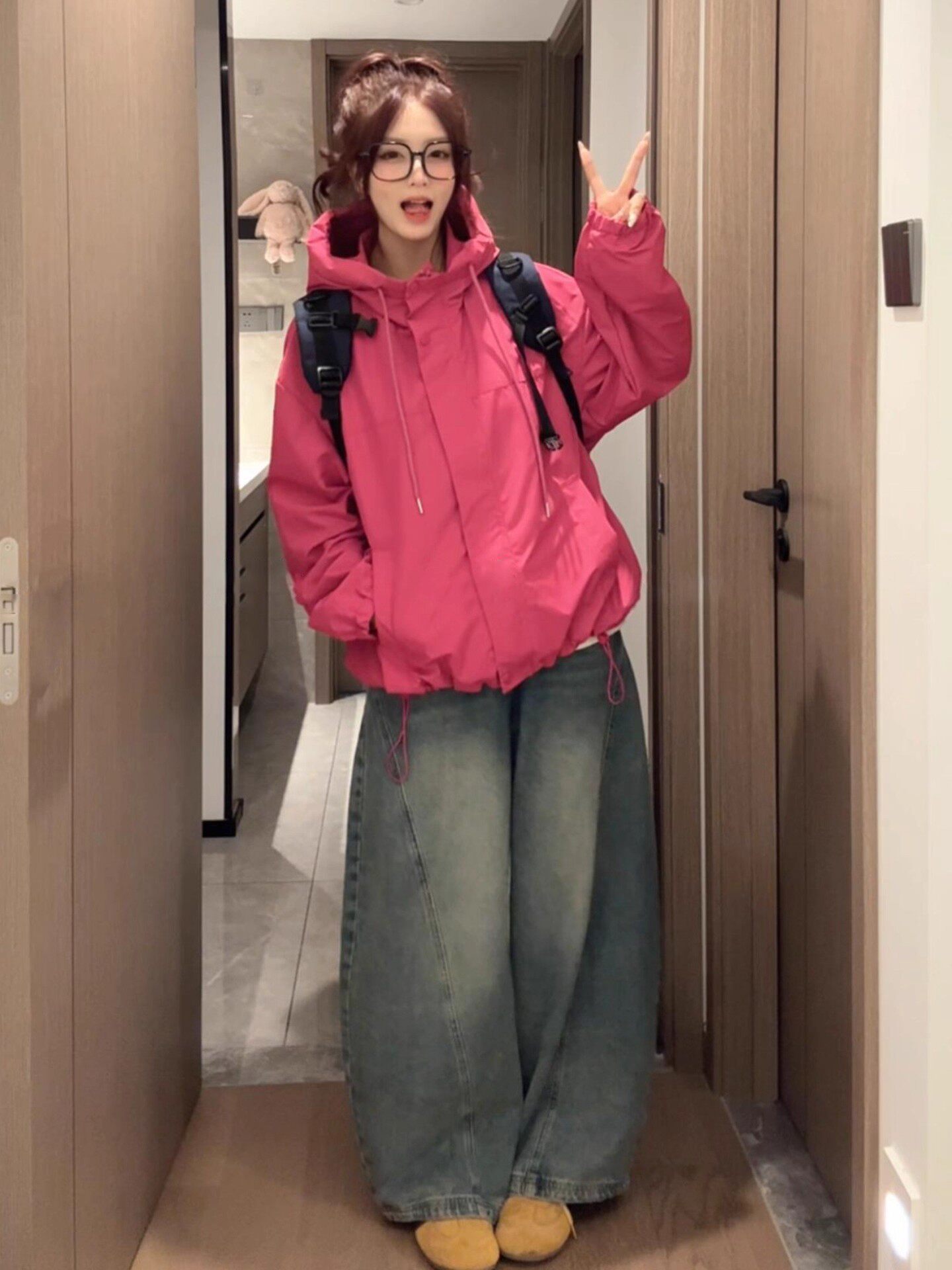玫红色美式连帽冲锋衣外套女2025新款早秋韩系穿搭棒球服夹克上衣