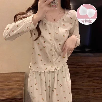 带胸垫一体纯棉睡衣女款春夏季新款碎花圆领开衫中学生家居服套装