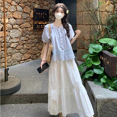 夏季蓝色蕾丝泡泡短袖T恤衬衫女多巴胺宽松娃娃衫小个子上衣0430z