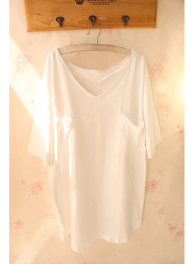 日系慵懒白色T恤短袖睡裙春夏季新款女V领性感睡衣家居服外0224e