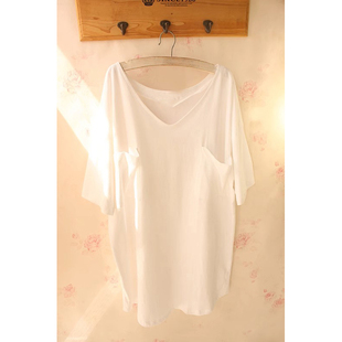 日系慵懒白色T恤短袖睡裙春夏季新款女V领性感睡衣家居服外0224e