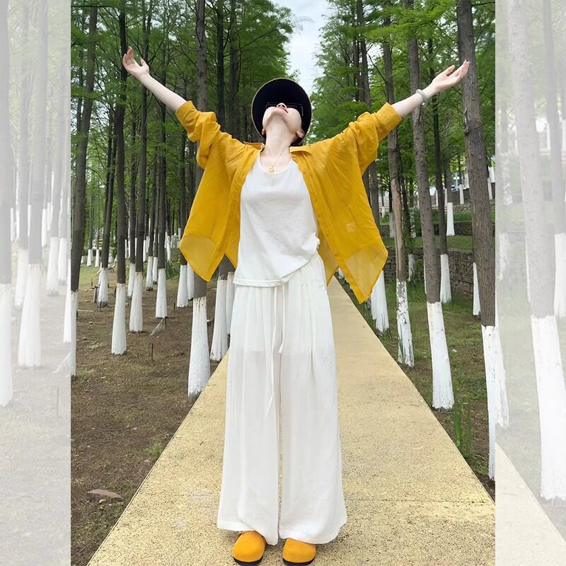 黄色天丝防晒衬衫女夏季外搭披肩空调衫宽松防晒衣薄款轻奢高级感