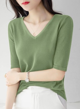 v领五分袖针织衫女春秋新款宽松修身上衣内搭绿色气质中袖打底衫