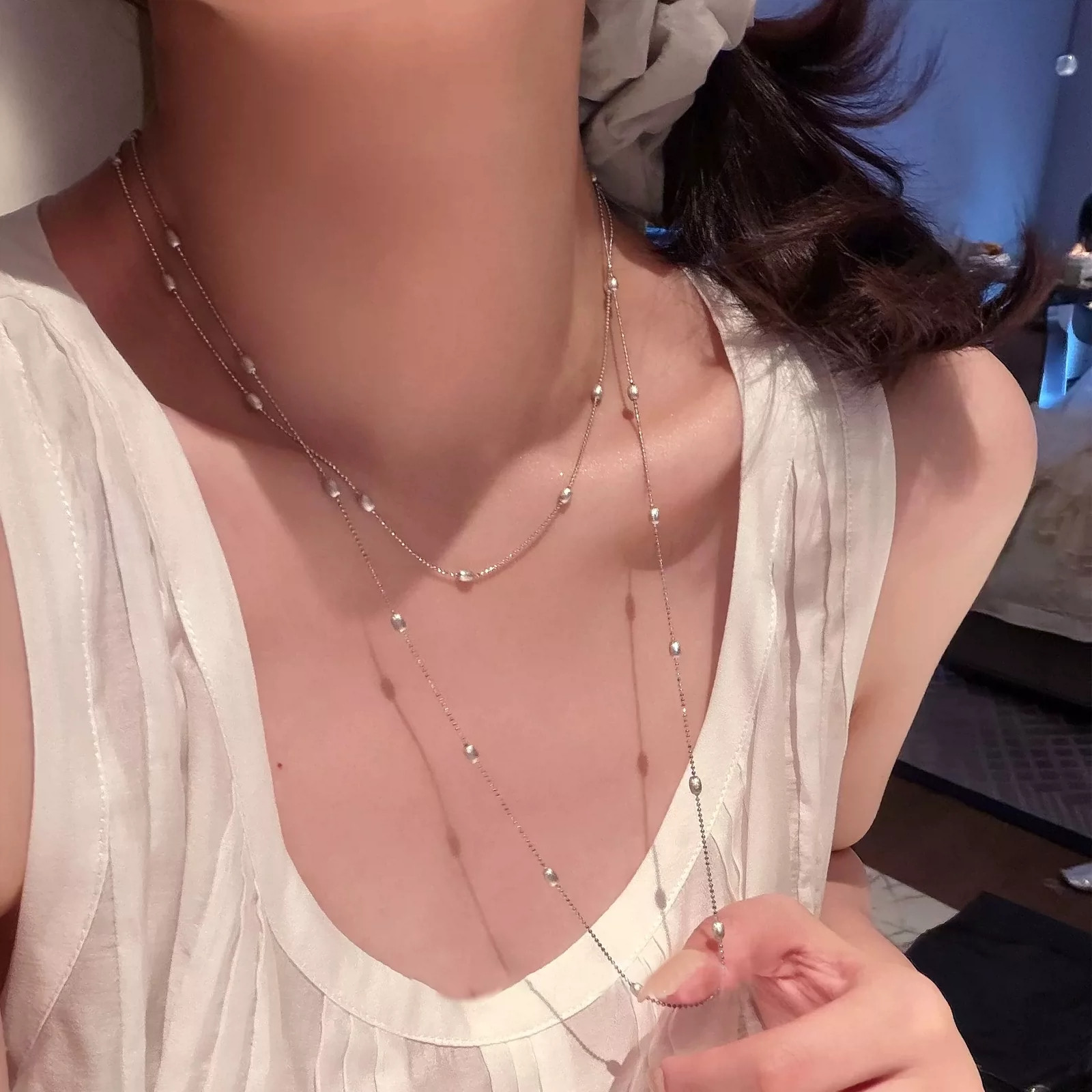 清冷感拉丝仿银豆满天星项链女长短款简约温柔日常叠戴百搭锁骨链