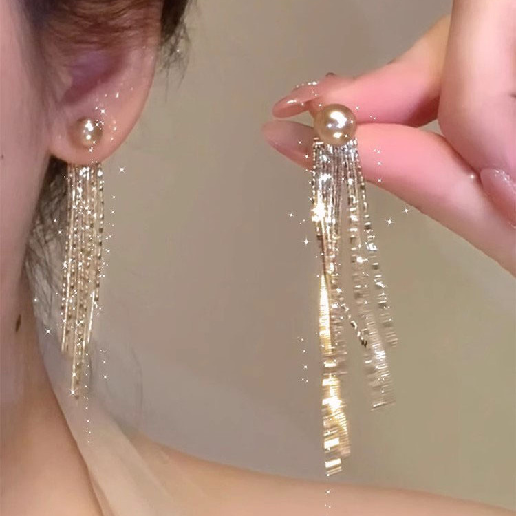 香槟金仿珍珠流苏耳钉女轻奢小众