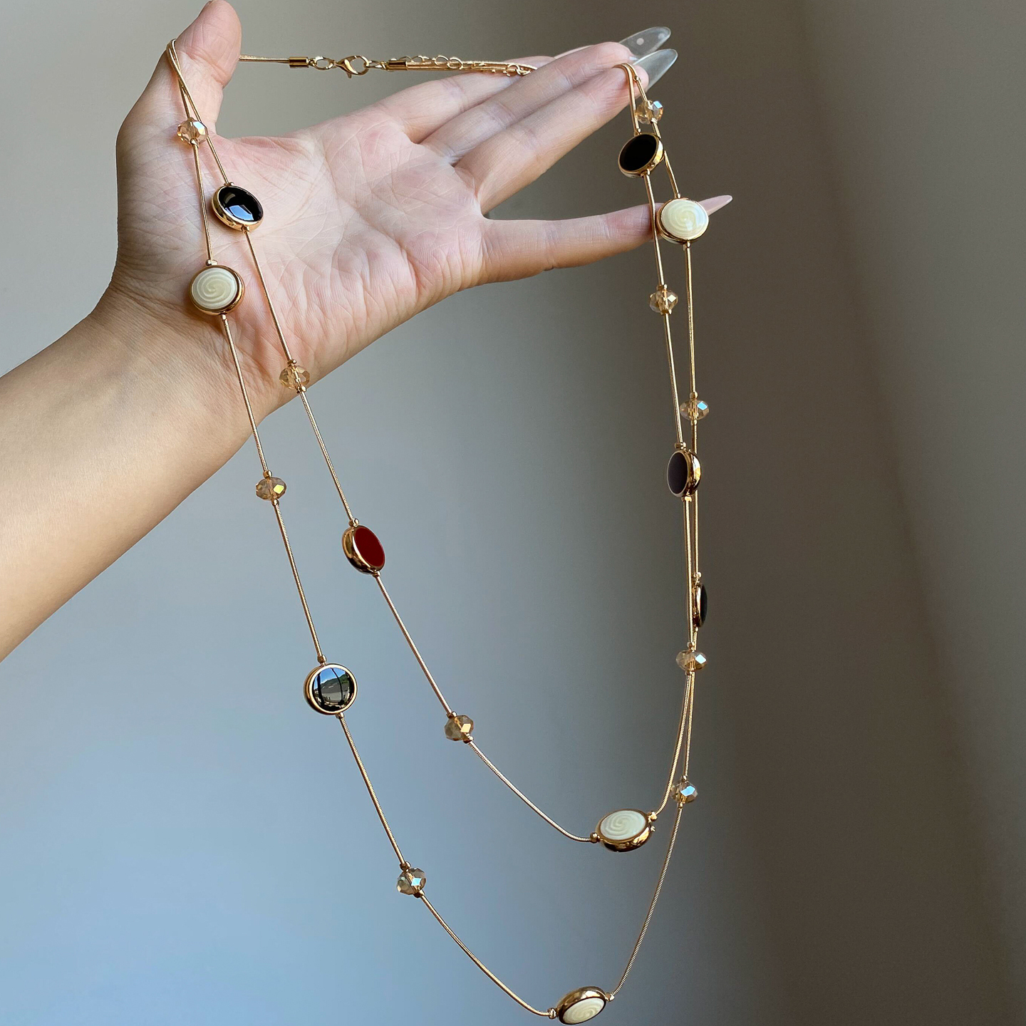 双层虎眼石串珠项链女款2025新款