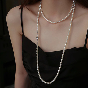 仿施家珍珠项链长款多层叠戴毛衣链法式高级感颈链女轻奢百搭气质