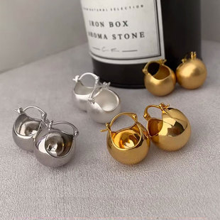 欧美风亮面金属银色圆球耳扣女轻奢小众设计感高级复古耳环耳饰潮