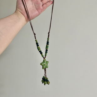 波西米亚古着森林绿星星流苏项链女款2025新款中古民族长款锁骨链