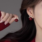 新年红镶钻红色仿珍珠耳钉女小众设计耳环2025新款 爆款 气质耳饰品