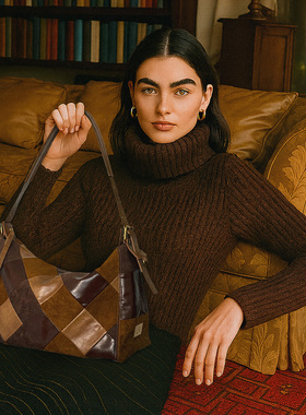 FROM ARACHNID小众设计师绒面麂皮拼接环保皮可调节单肩包