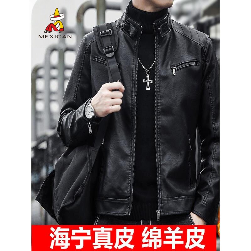 稻草人立领真皮皮衣男休闲外套