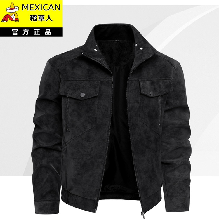 稻草人正品时尚皮衣男立领商务休闲百搭潮流帅气皮夹克机车服外套