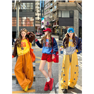 林诗琦NICKIDAILY【春衫薄暖!三色美式复古V领撞色字母长袖卫衣