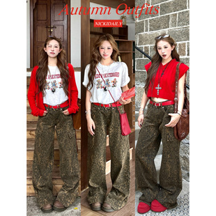 林诗琦NICKIDAILY【街头隐语！美式复古豹纹图案直筒休闲工装长裤