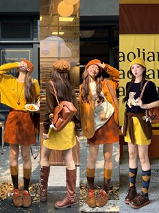 林诗琦NICKIDAILY【柑橘可可！复古百搭麂皮绒质感A字半身短裙女