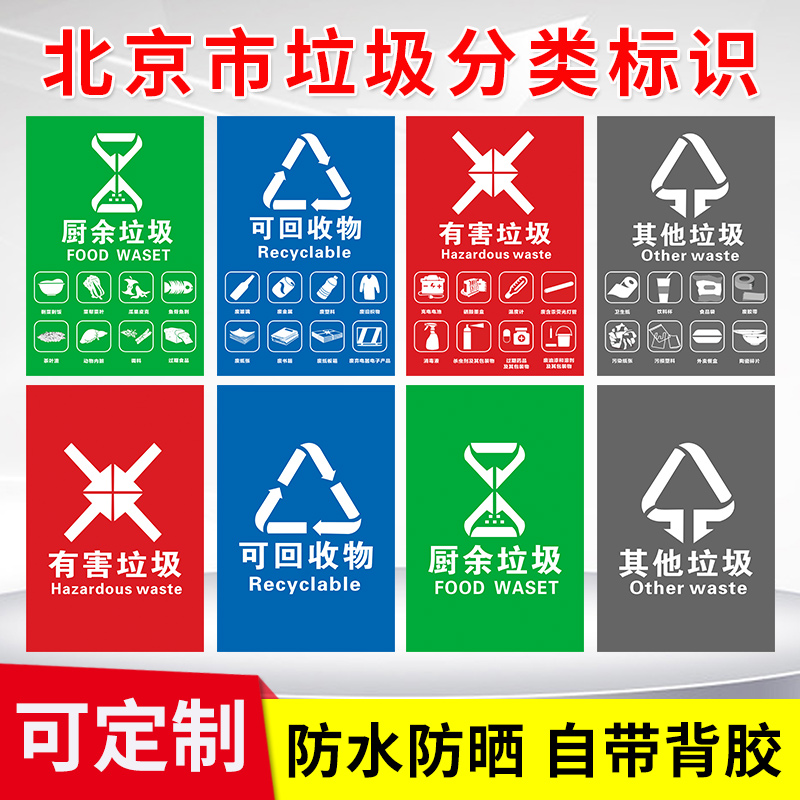 北京市垃圾桶分类标识贴纸厨余垃圾可回收物有害垃圾其他垃圾广东西安上海杭州深圳苏州宁波垃圾分类标识贴
