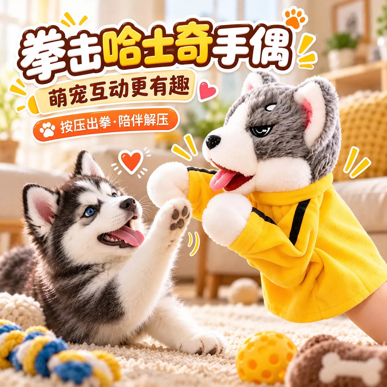 拳击哈士奇发声毛绒解压手偶