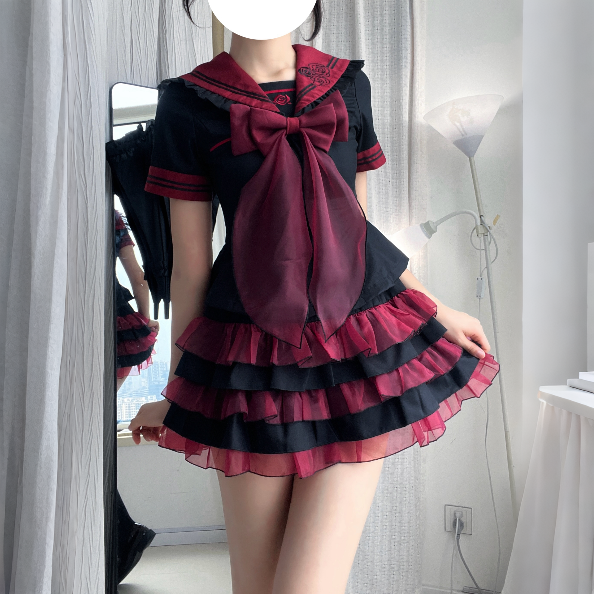 妙也可原创水手服JK制服套装格裙jk收腰短袖蓬蓬裙大码胖MM校服
