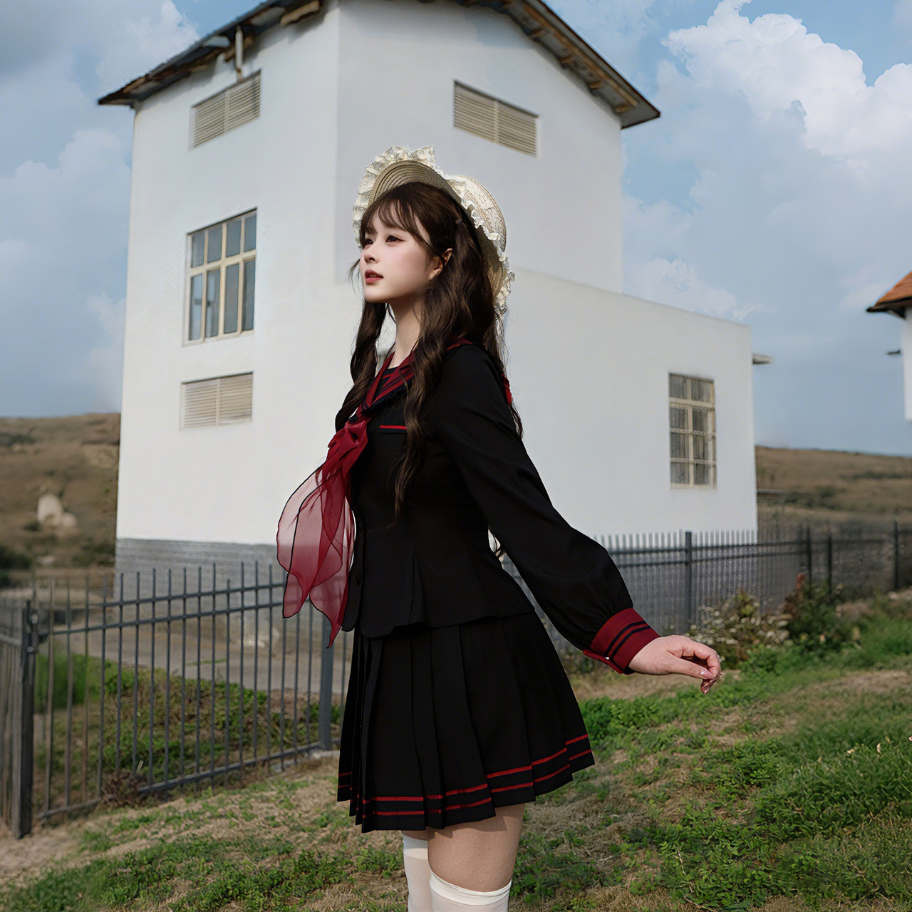 妙也可原创水手服JK制服套装格裙jk收腰长袖百褶裙大码胖MM校服