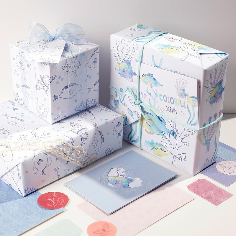 5PCs Ocean Fish Gift Wrapping Paper 海洋鱼儿礼物包装纸高级感