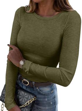Women's Long Sleeve Blouses Ribbed Knit Basic Tops t shirts