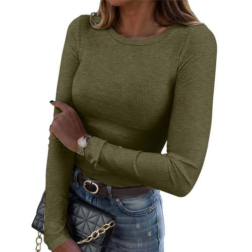 Women's Long Sleeve Blouses Ribbed Knit Basic Tops t shirts