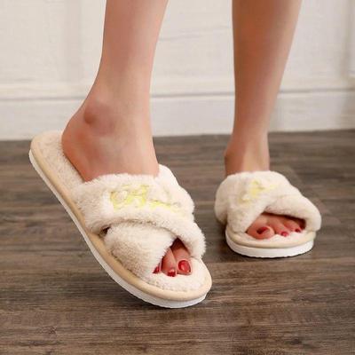 Embroidered Fur Slippers Wedding Bride Furry Fluffy Slippers