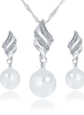 women necklace set earrings pearl jewelry 珍珠镶钻女项链