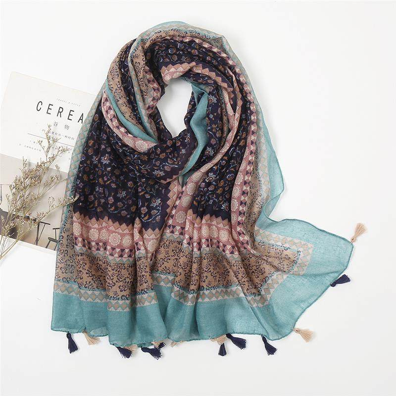 Cotton and linen ethnic style retro printed geometric scarf