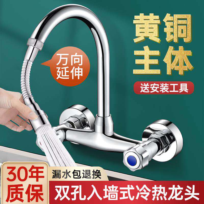 厨房冷热水龙头洗菜盆阳台洗衣池槽入墙式全铜双孔二合一加长家用