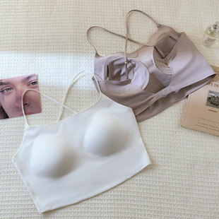 无痕U型美背交叉细肩带内衣女抹胸文胸聚拢运动薄款 透气白色吊带