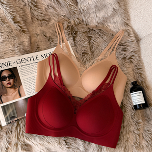 红色本命年蕾丝内衣女小胸聚拢防下垂收副乳无钢圈提拉上托文胸罩