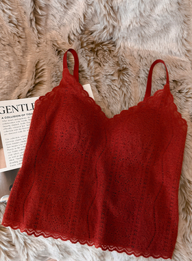 法式蕾丝V领保暖吊带背心女带胸垫免穿文胸加绒本命年红色秋衣